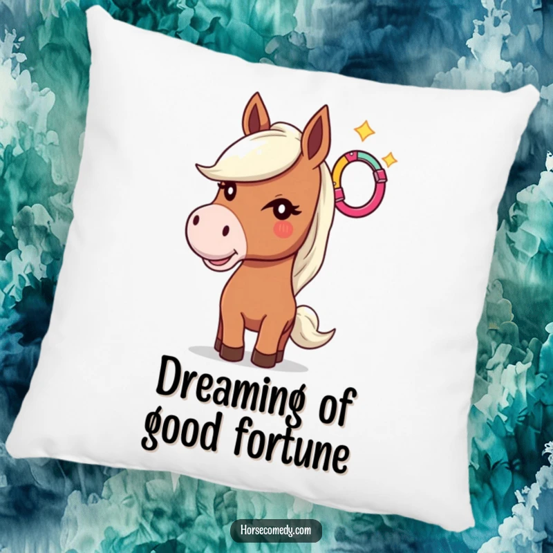 Funny pillow design of a horse with a sly wink, tossing a vibrant horseshoe, perfect for adding cheer.