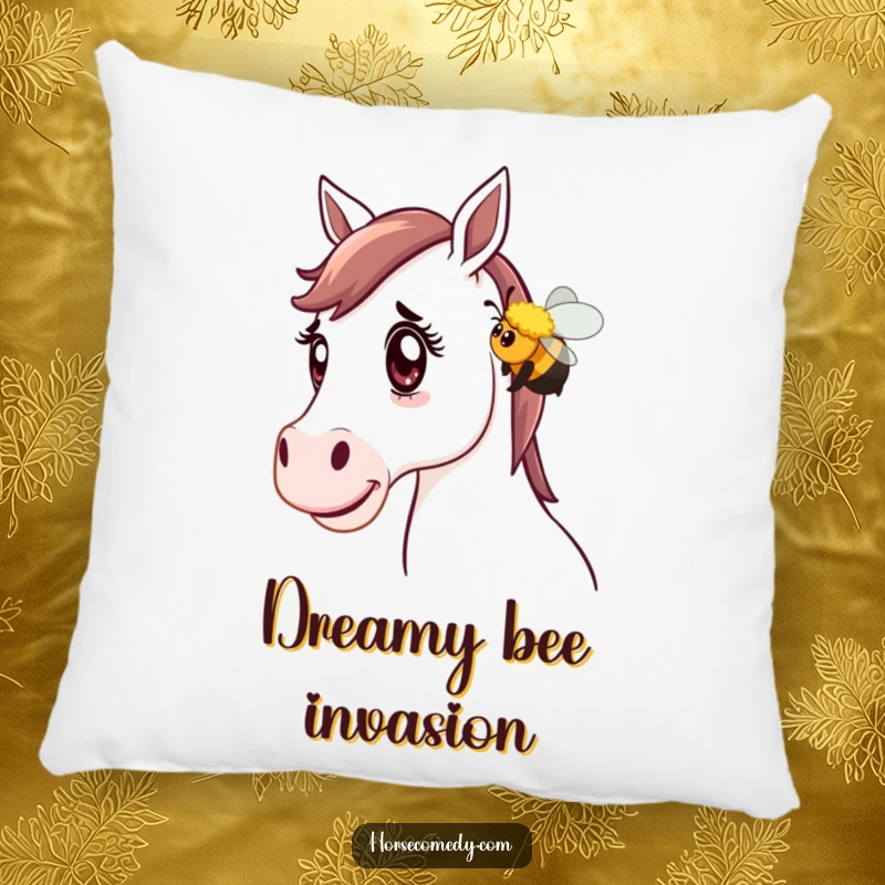 Funny Horse Pillow: A horse with a wide-eyed, surprised expression is playfully nudged by a friendly bumblebee, creating a heartwarming scene.