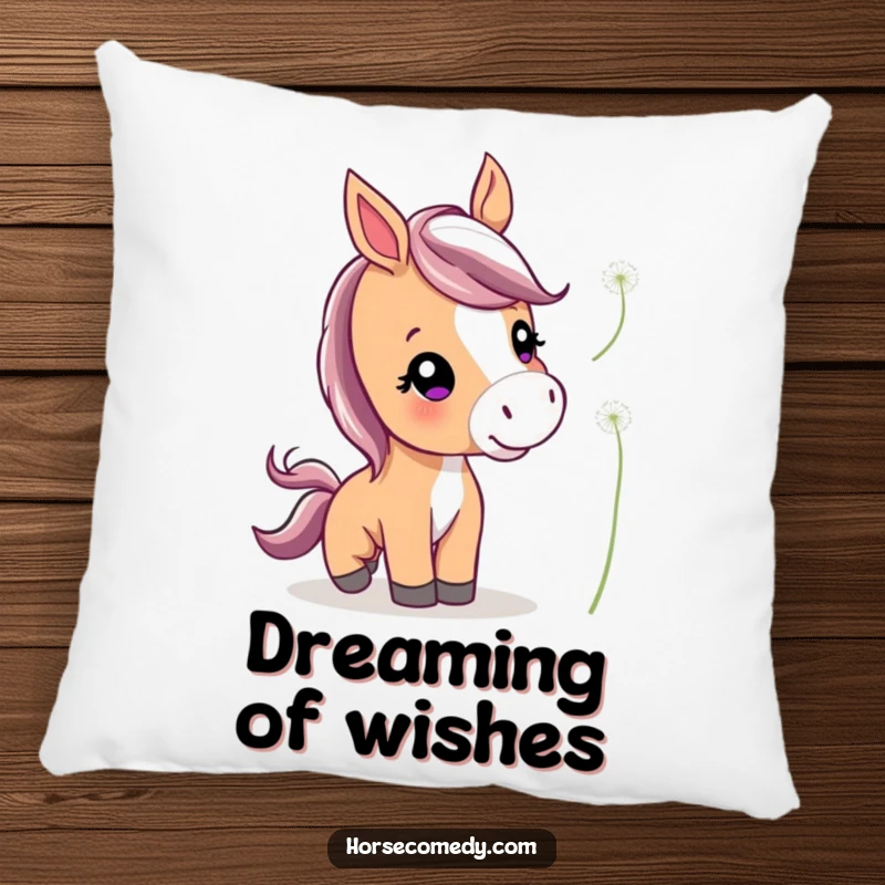 Funny Cute Horse Pillow showing a curious horse with perked ears playfully nudging a floating dandelion, soft and charming.