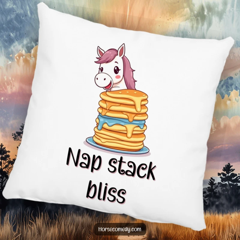 Funny horse pillow with a delighted horse character balancing a colorful stack of wobbling pancakes, offering comfort and humor.