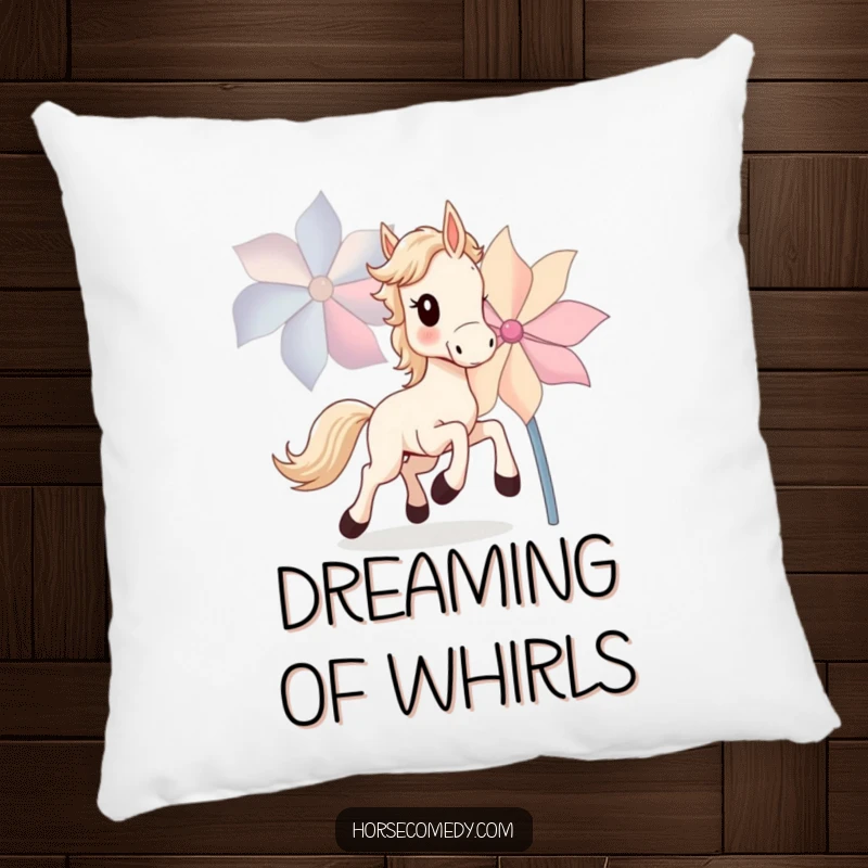 Funny Horse Cub Pillow showing a small horse cub joyfully chasing a large, spinning pinwheel, offering cozy delight.