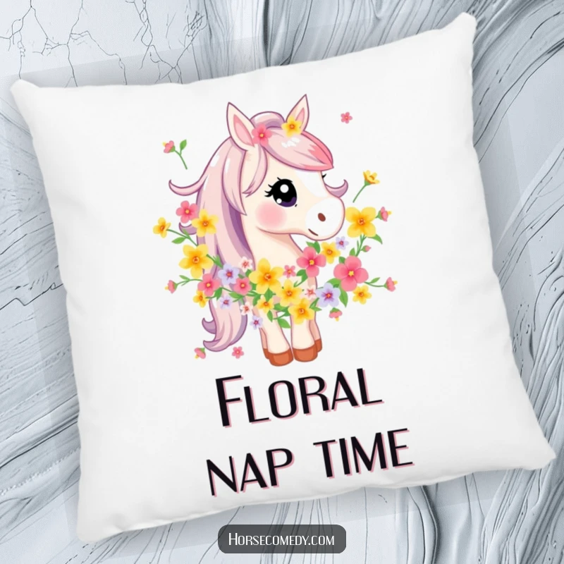 Funny Horse Pillow: A horse character is humorously tangled in a garland of bright flowers, bringing a whimsical and cozy feel.