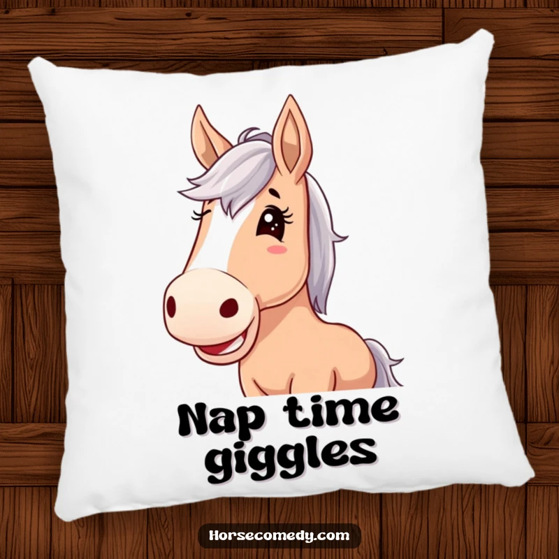 Funny horse pillow, horse with oversized floppy ears, giggling with pure joy, offering soft comfort and a cheerful aesthetic.