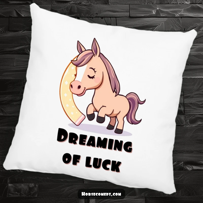 Funny pillow showcasing a playful horse character nudging a giant, glowing horseshoe with its nose, offering comfort and a humorous design.