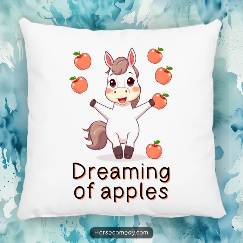 Funny horse character juggling apples, featured on a soft pillow, adding a touch of playful decor and comfort.