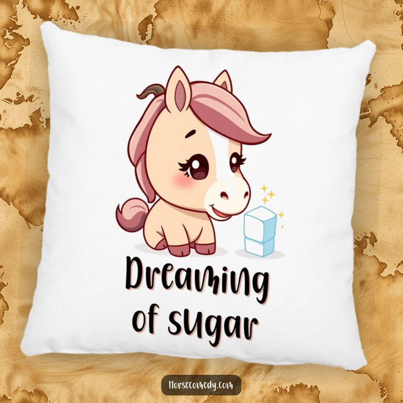 Funny horse pillow, a curious horse character examining a sparkling sugar cube, soft and humorous decorative accent.