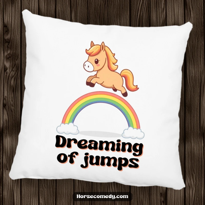 Funny horse pillow, cute character leaping over a miniature rainbow, offering soft comfort and a cheerful aesthetic.