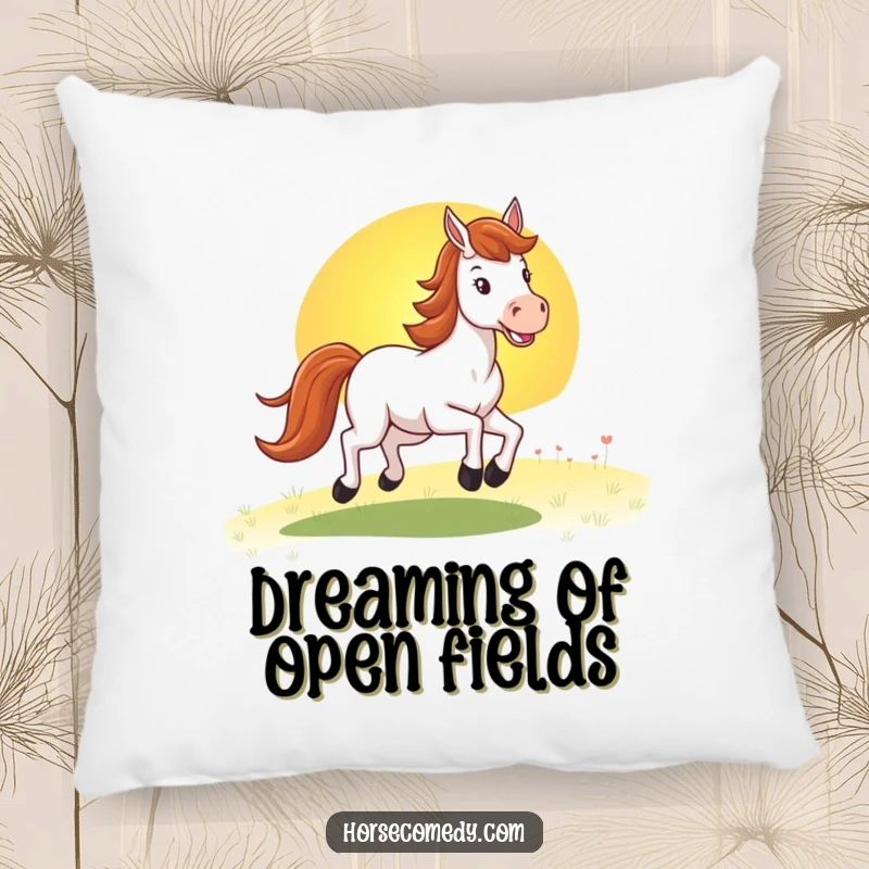 Funny horse pillow featuring a happy horse galloping towards a serene, colorful sunset, ideal for adding a touch of joy to any seating area.