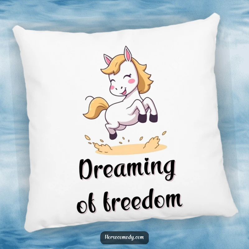 Funny pillow featuring a horse joyfully leaping and kicking up dust, offering plush comfort and humorous charm.