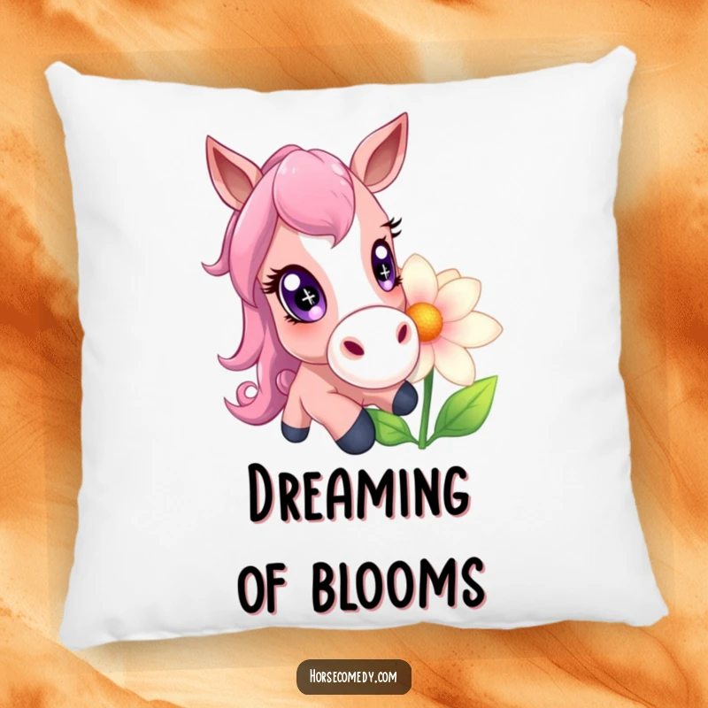 Funny horse character with large, sparkling eyes gently nudging a giant flower, featured on a soft pillow.