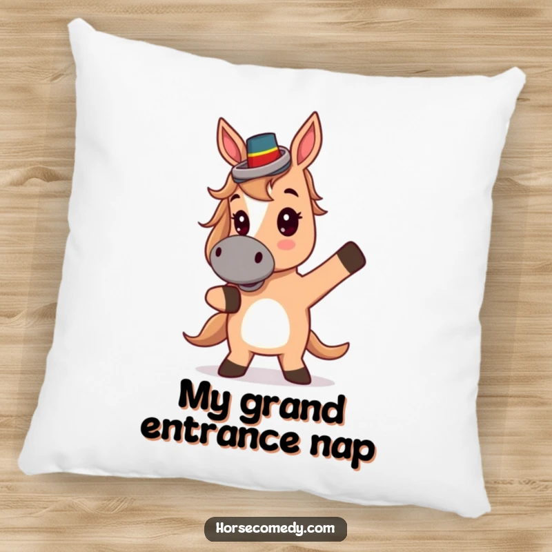 Funny Pillow: A cute horse wearing a tiny top hat strikes a theatrical pose, offering comfort and laughs.