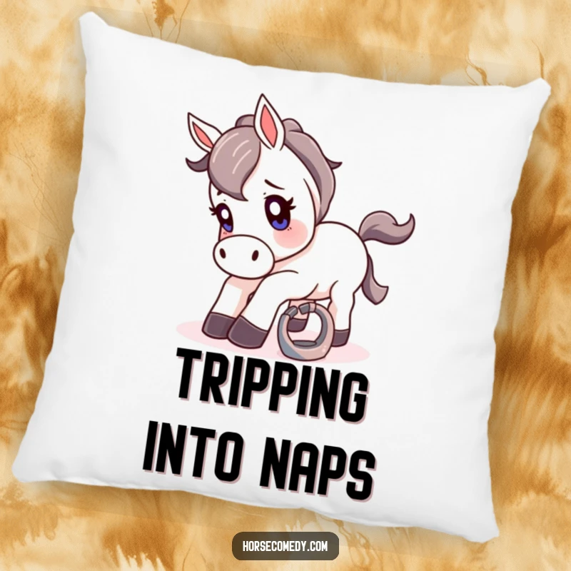 Funny pillow showing a horse comically tripping over a small, shiny horseshoe with a wide-eyed surprised look.