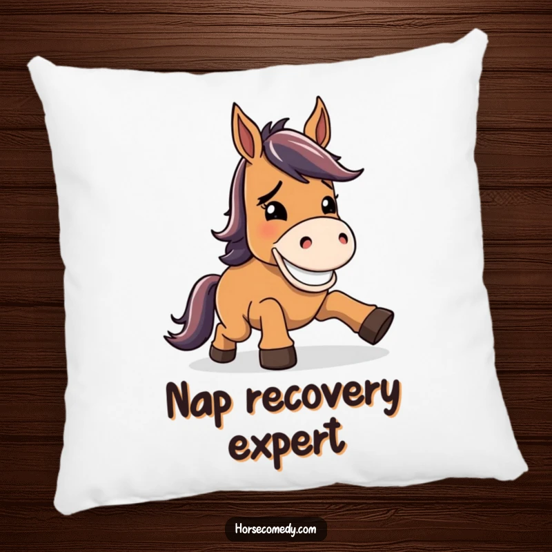 Funny horse pillow, character stumbling but recovering with a wide, goofy grin, offering soft comfort and a resilient aesthetic.