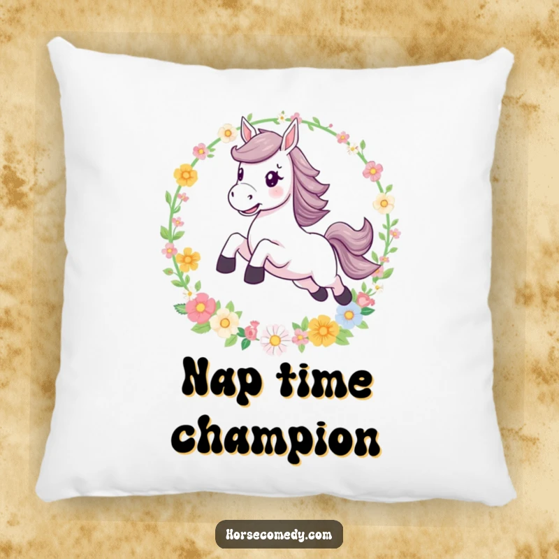 Funny leaping horse flower hoop pillow, a soft and decorative cushion that brings a touch of magical whimsy and equestrian excitement.