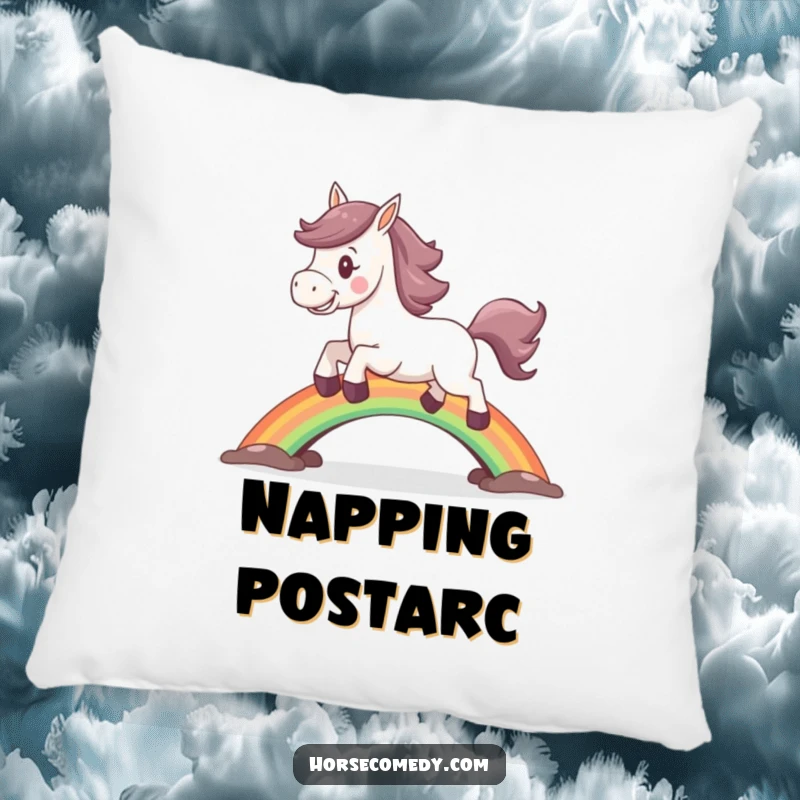 Funny horse pillow depicting a joyful horse leaping over a vibrant rainbow bridge.