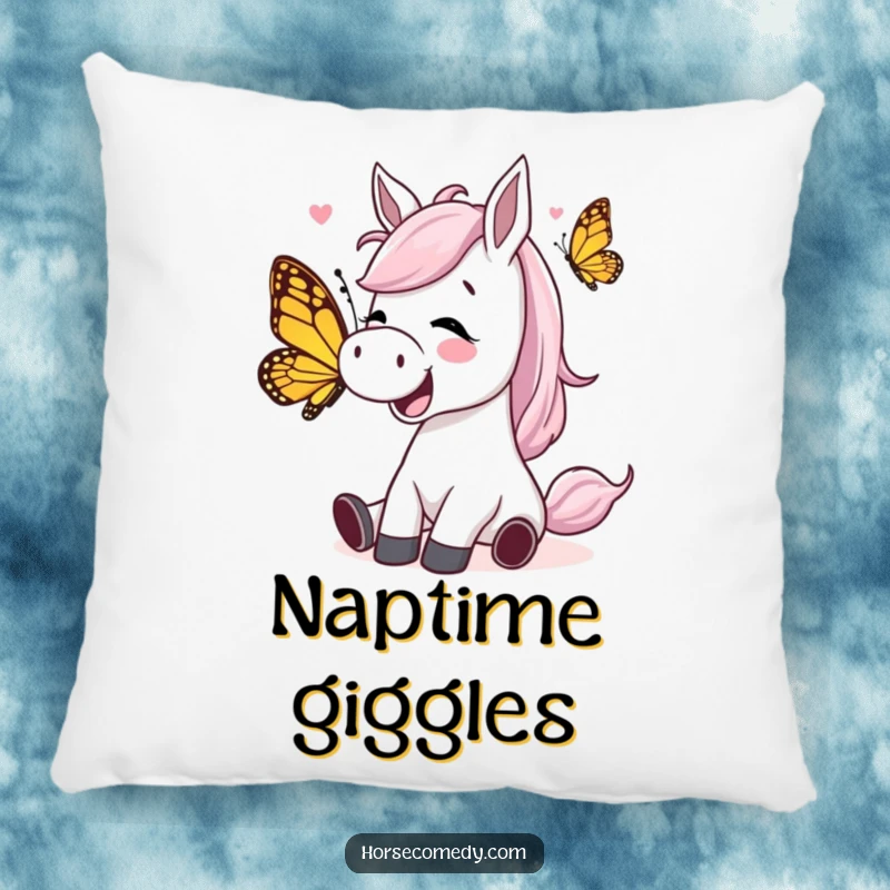 Funny horse character giggling while being tickled by a playful butterfly on a pillow, offering soft, comical comfort and joy.