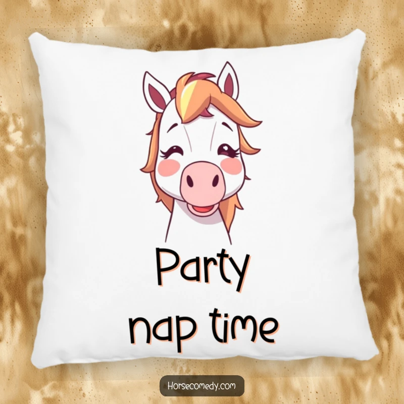 Funny horse character cartoon blush blowing a noisemaker, soft pillow for cozy laughs, perfect funny gift.