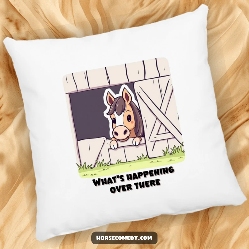 Funny Horse Barn Peek Pillow with a cute horse peeking from a barn, perfect for adding a touch of humor and comfort to any room.