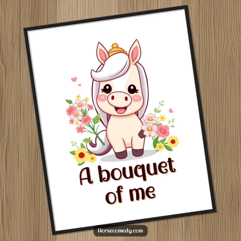 Funny digital art print of a horse with a big smile, wearing a silly hat, and holding a bouquet of flowers.