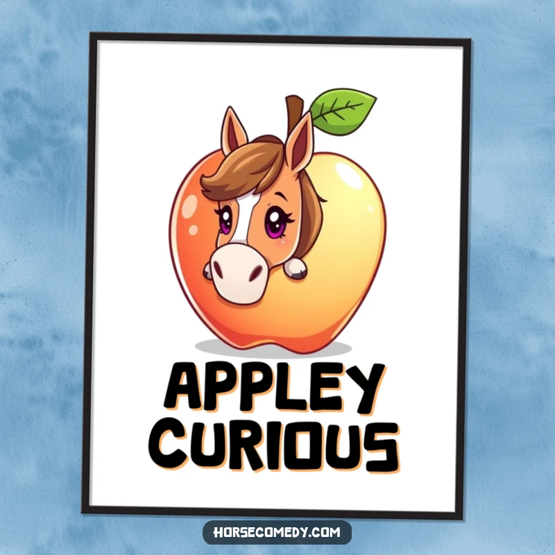 Funny horse character peeking from behind a giant, sparkling apple with a curious gaze on a digital art print, offering whimsical wall decor.