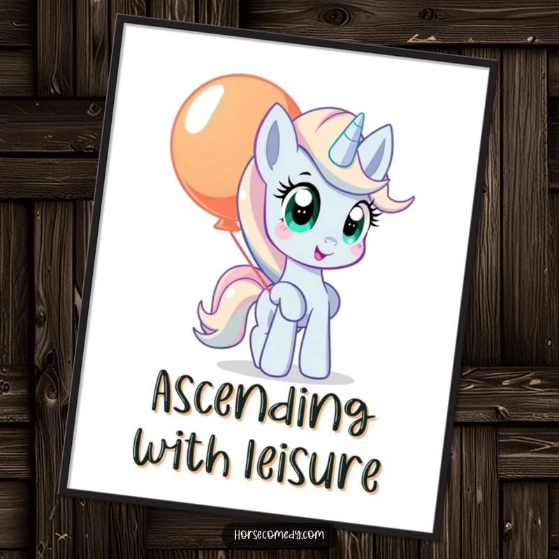 Funny pony digital art print of a pony with wide, curious eyes, balancing a large, colorful balloon.