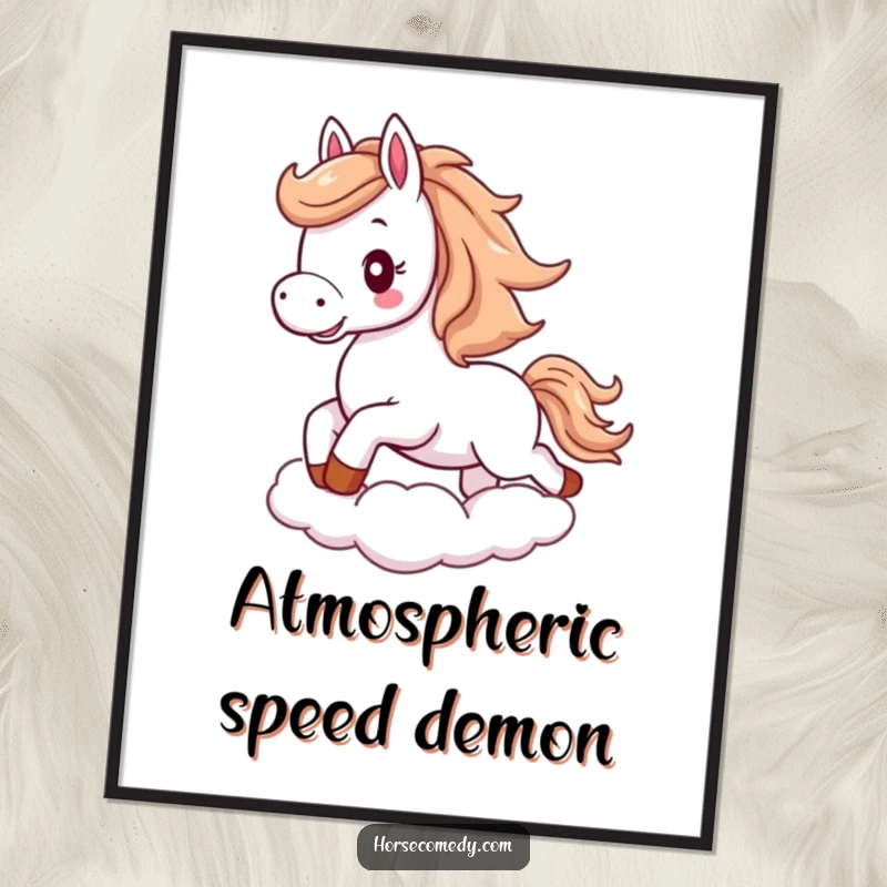 Funny horse digital art print of a fluffy horse with flowing mane, excitedly galloping on a cloud.