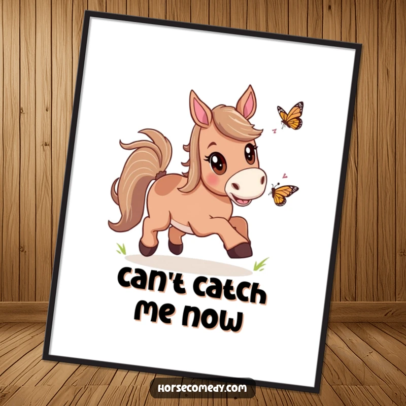Funny Horse Butterfly Chase Digital Art Print of a horse joyfully chasing a butterfly, designed to bring immediate cheer and playful energy to any space.