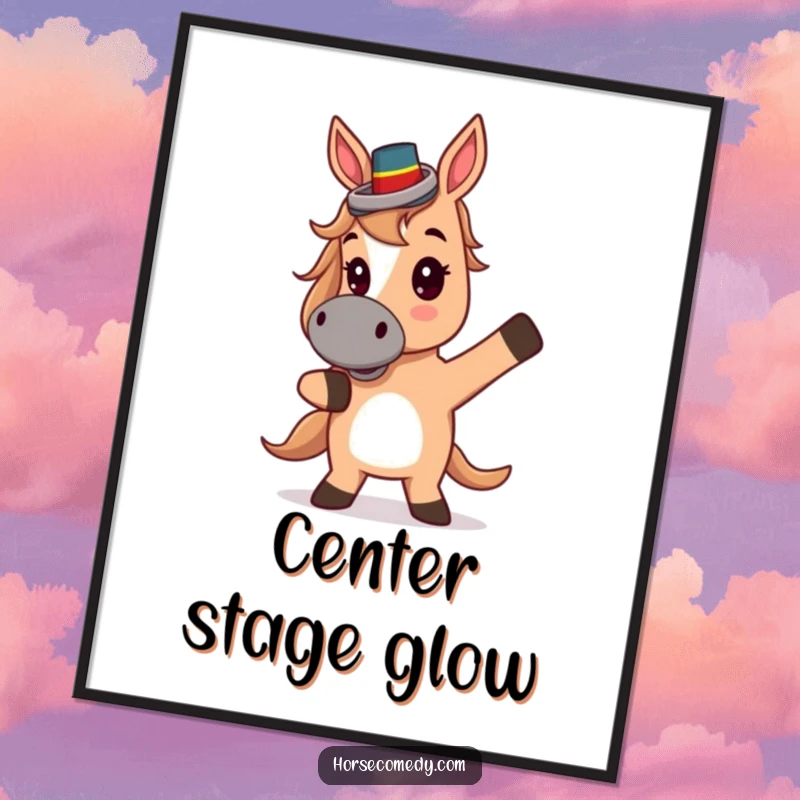 Funny Digital Art: A cute horse in a tiny top hat striking a theatrical pose, ready to be printed.