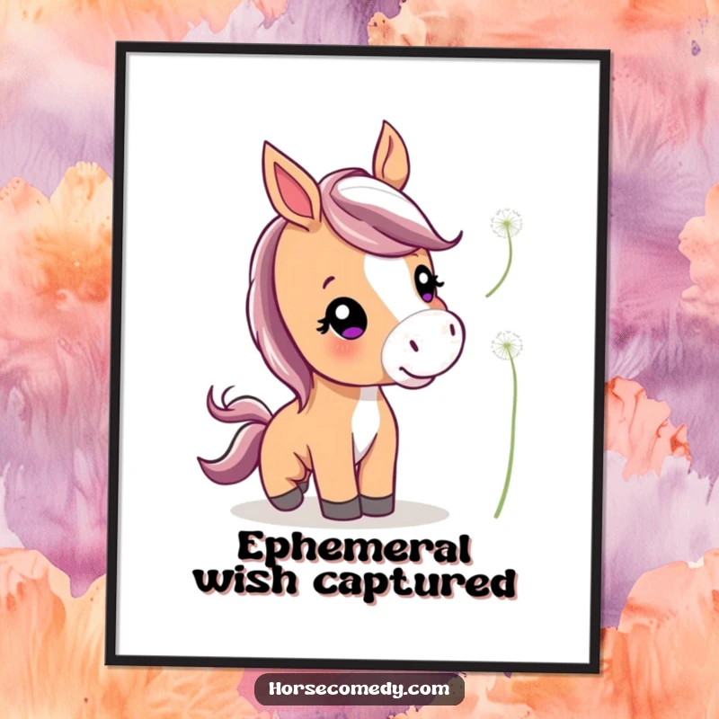 Funny Cute Horse Digital Art Print of a horse with perked ears playfully nudging a floating dandelion, ready for instant display.