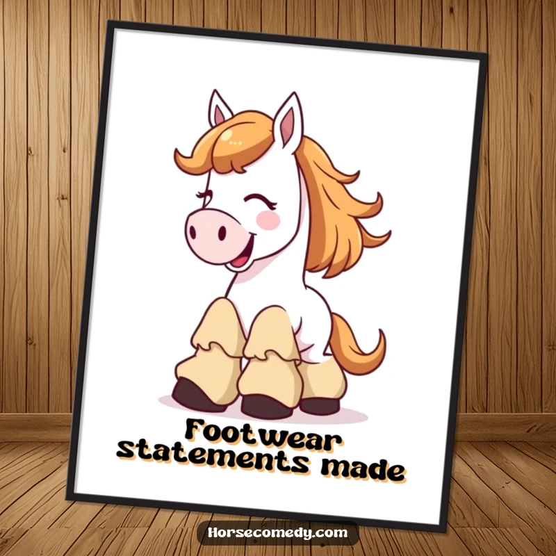 Funny Digital Art Print of a horse character joyfully giggling, its large, floppy boots a whimsical and amusing focal point.