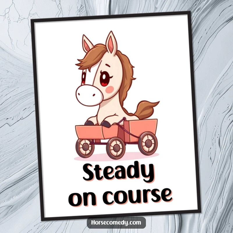 Funny digital art print of a determined horse character pulling a small cart, perfect for humorous wall decor.