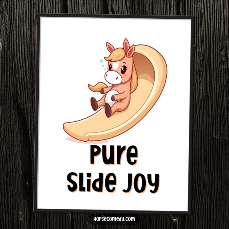 Funny horse digital art of a giddy horse character sliding down a whimsical, winding slide, radiating pure fun and excitement.
