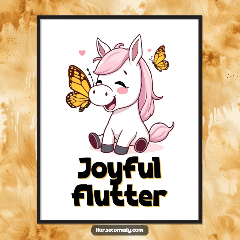 Funny horse character giggling while being tickled by a playful butterfly on a digital art print, offering joyful and comical wall decor.