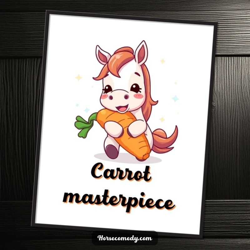 Funny horse digital art of a happy horse character enthusiastically devouring a gigantic, radiant carrot, conveying pure joy and appetite.