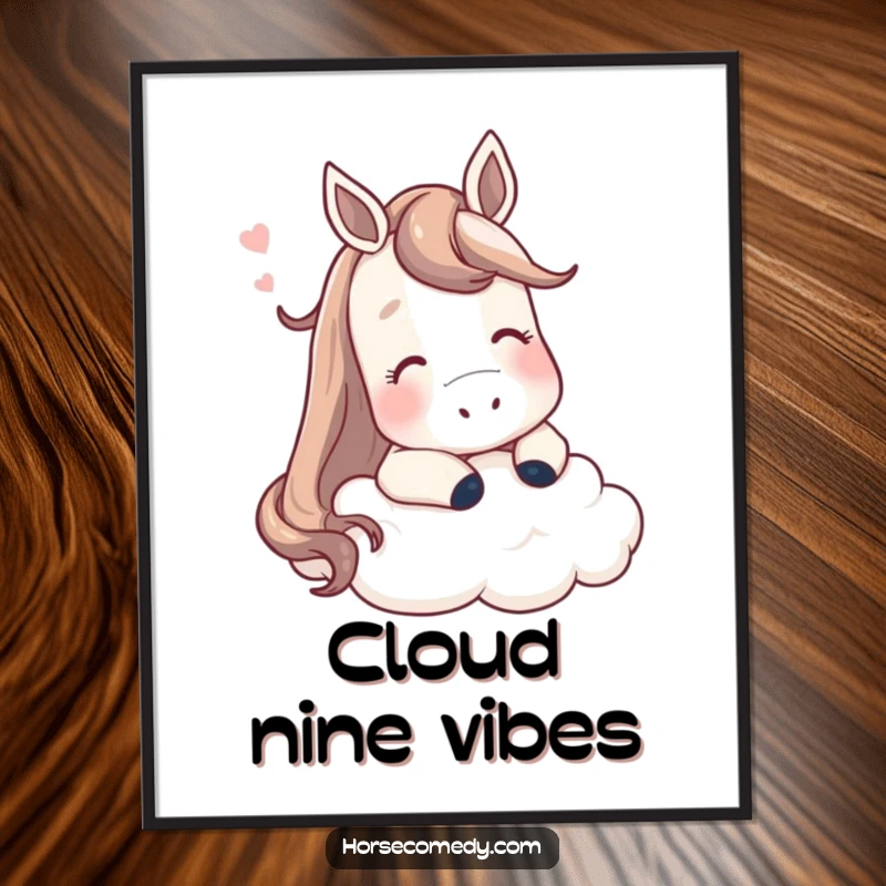 Funny horse digital art print, a contented horse resting its head on a fluffy cloud, serene humorous wall art.