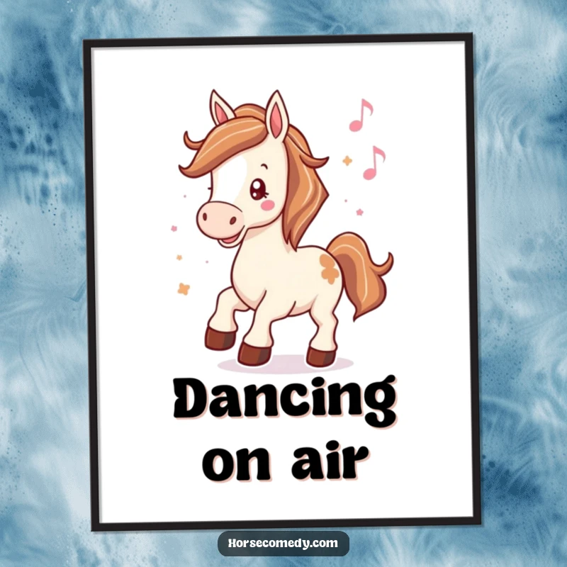 Funny digital art print of a horse neighing cheerfully, hooves tapping rhythmically to music, for instant wall decor.