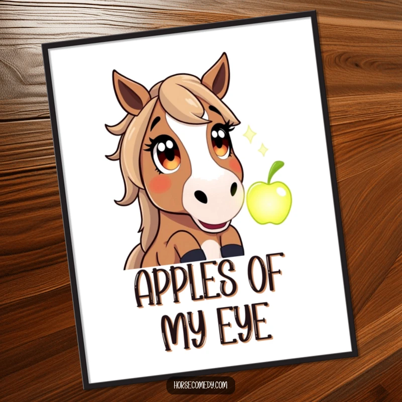 Funny digital art print of a horse with wide, amazed eyes witnessing the appearance of a radiant, magical apple.