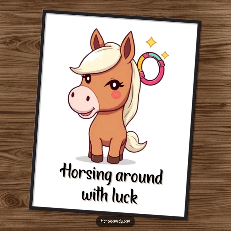 Funny digital art print showing a horse winking playfully while tossing a colorful horseshoe into the air, for walls.