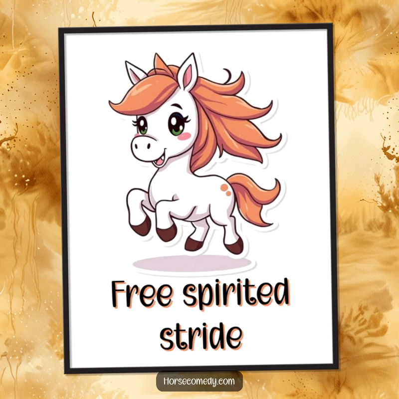 Funny horse digital art print of a joyful horse with a flowing mane, prancing with a big smile, ready for instant framing.