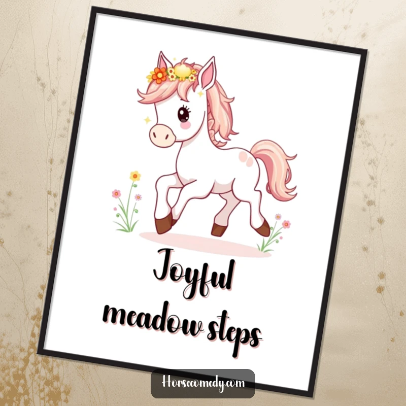 Funny Horse Foal Digital Art Print of a joyful young horse prancing, its mane adorned with wildflowers, ready for instant display.