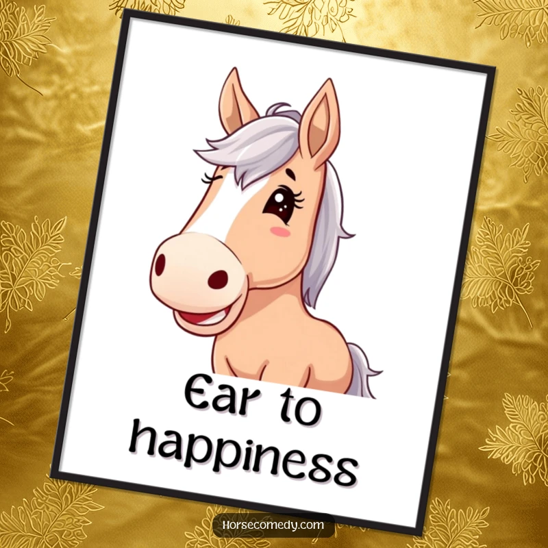 Funny horse digital art print, horse with huge floppy ears, giggling uncontrollably with pure joy and infectious amusement.