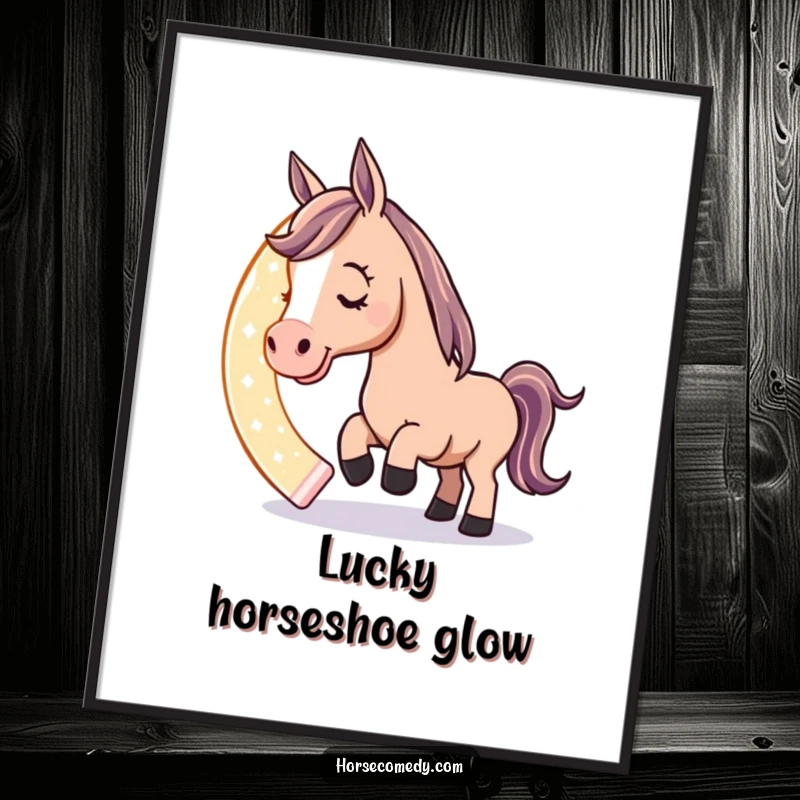 Funny digital art print of a playful horse character nudging a giant, glowing horseshoe with its nose, radiating luck and whimsical humor.