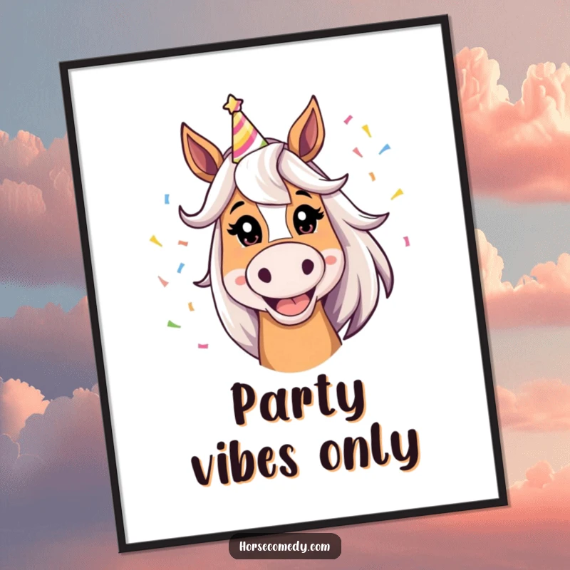 Funny Horse Digital Art Print of a horse with a silly grin, wearing a party hat and confetti, for instant decor.