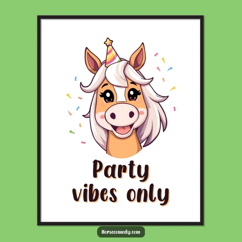 Funny Horse Party Digital Art: Silly Grin Horse in Party Hat, Instant Funny Decor