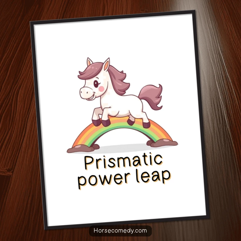 Funny horse digital art print of a joyful horse leaping over a vibrant rainbow bridge.