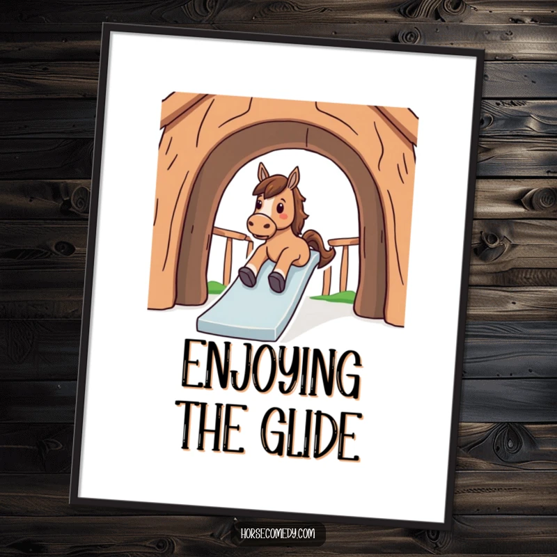 Funny digital art print of a horse joyfully sliding down a large, winding, arched structure with eyes closed.