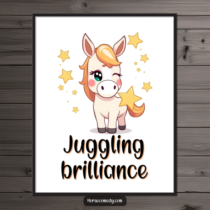 Funny horse digital art of a mischievous horse character winking while juggling oversized, bright stars, a playful cosmic scene.