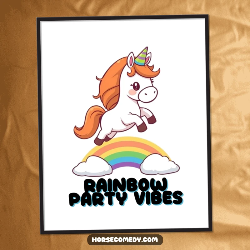 Funny digital art print of a horse wearing a party hat, leaping over a rainbow, perfect for whimsical, humorous decor.