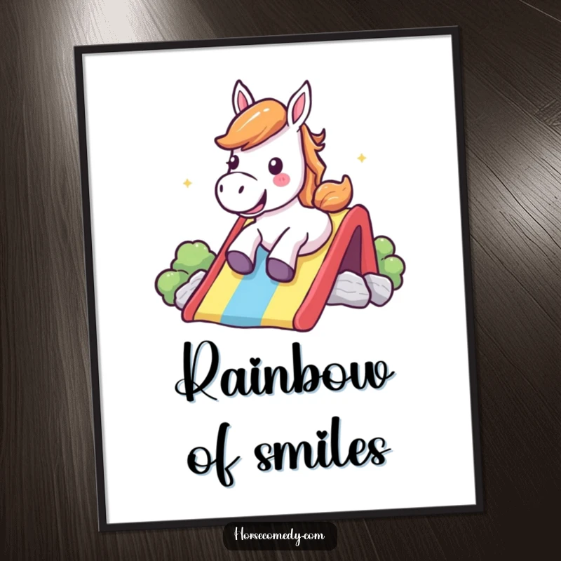 Funny Digital Art: A happy horse shouts with glee while sliding down a rainbow, ready to print.