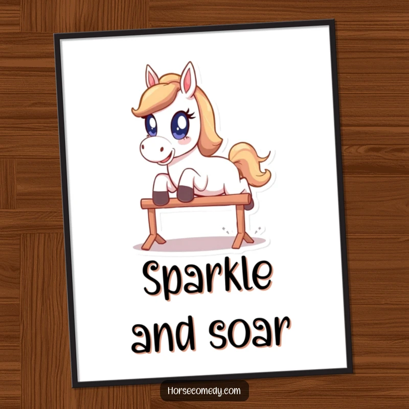 Funny Digital Art: A horse with huge, sparkling eyes is captured in a playful leap over a hurdle.